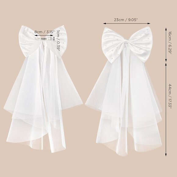 Bridal Hair Bow Veil White Satin Pearl Clip for Wedding Bridal Shower